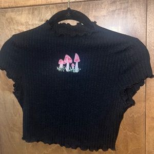 Pink embroidered mushroom black crop top